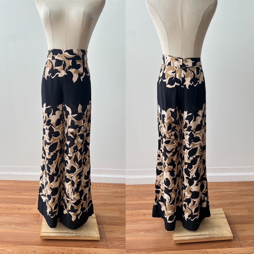 TRACY REESE Silk Black Tan Printed High Rise Wide Leg Palazzo Pant Womens 4